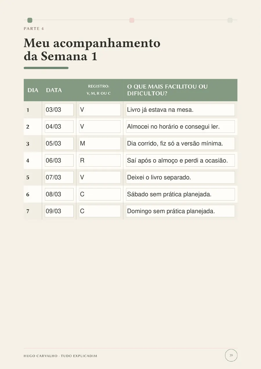 Página de acompanhamento da Semana 1