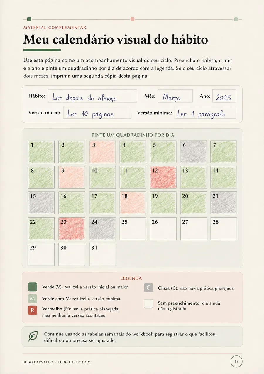 Calendário visual de hábito preenchido