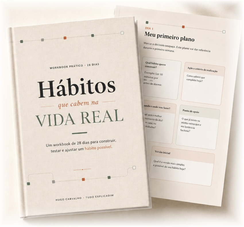 Capa do workbook Hábitos que Cabem na Vida Real ao lado da página Meu primeiro plano